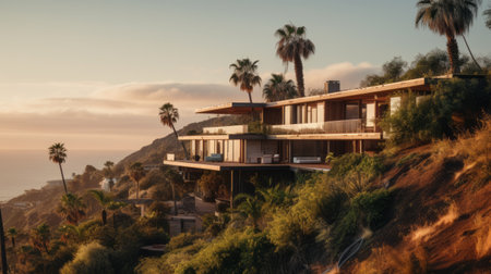 shingle architecture photography of sleek hillside house design by olson kundig. close-up shot with a blurred palm in the foreground. shot in 8k from a movie-like composition, featuring professional color grading and epic volumetric lighting. the image is captured with a sony alpha a7 iii camera and a sony fe 24-105mm f/4 g oss lens, resulting in sharp focus and film grain for an atmosphericの素材