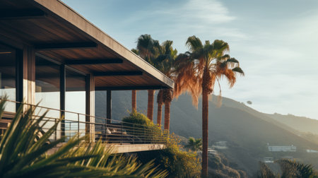 shingle architecture photography of sleek hillside house design by olson kundig. close-up shot with a blurred palm in the foreground. shot in 8k from a movie-like composition, featuring professional color grading, epic volumetric lighting, and sharp focus. captured with a sony alpha a7 iii camera and a sony fe 24-105mm f/4 g oss lens. the image showcases a cinematic atmosphere with film grain. uhd andの素材