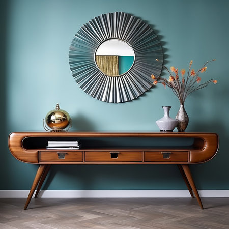 console table on a blue wall in ibiza, captured in a photo-realistic still life. the console table is in the style of art deco-inspired design, featuring a dark teal and light brown color scheme. the image showcases curved mirrors, giving it a vintage cinematic look with a touch of midcentury modern aesthetics. shot in 32k uhd resolution. ai generatedの素材