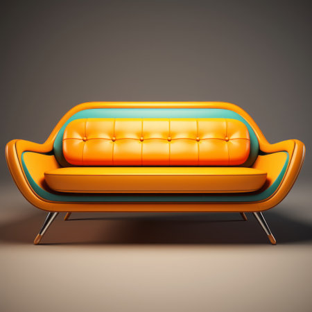 stylish classic orange couch on dark gray background, showcasing a 3d model in the retro futurism style. the vibrant colors of light turquoise and light yellow add an offbeat whimsy to the design. this creative commons attribution image exudes a retro vintage vibe with its smooth and polished appearance, featuring a delightful combination of light amber and orange hues. ai generatedの素材