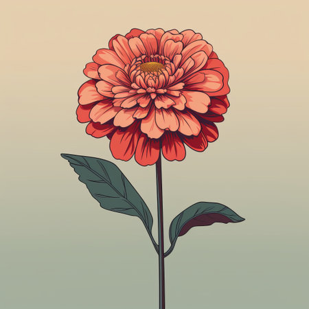 a small red flower is depicted in this vintage poster-style illustration. the flower stands out against a light background, showcasing its vibrant color. the detailed character illustrations add depth to the artwork. the use of light orange and dark green hues creates a realistic anamorphic effect. linear illustrations in dark pink and sky-blue further enhance the overall composition. ai generatedの素材
