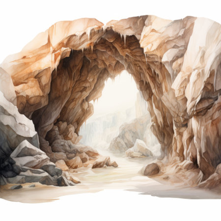 an open cave with stones and a wooden bed, featuring a realistic landscape with soft, tonal colors. the artwork showcases watercolor-like washes, predominantly in white and amber hues. detailed character illustrations are incorporated into the scene, creating an immersive passage through isolated landscapes. ai generatedの素材
