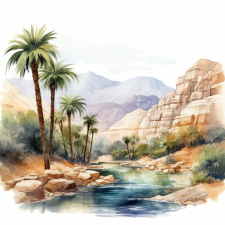 watercolor painting of a desert landscape with palm trees, featuring a mountain backdrop. the artwork is done in the style of romantic riverscapes, showcasing detailed nature depictions and vibrant pigment pools. inspired by historical illustrations and the works of david bates, this piece captures the simplicity and colorful beauty of the scene. shot with a zeiss milvus 25mm f/1.4 ze lens. ai generatedの素材