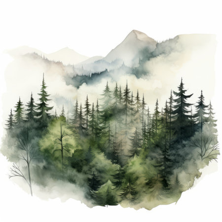 a watercolor art depicting a misty forest with mountains in the background. the painting showcases a detailed foliage with dark emerald and gray tones, creating a misty and gothic atmosphere. the artist beautifully captures the rustic realism of the scene, evoking a hazy and romantic ambiance. this environmental portraiture is a stunning representation of nature's beauty. ai generatedの素材