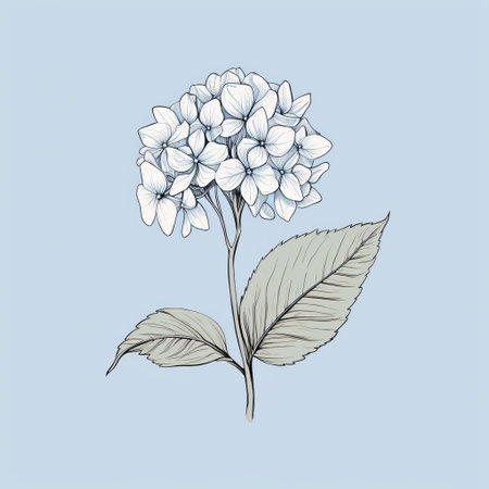 a hand-drawn animation of hydrangeas and plants in a simple and romantic art clip art illustration style. the illustration features a historical and scientific vibe with vintage imagery and minimal retouching. the colors used are light silver and sky-blue, creating a dreamy and nostalgic atmosphere. ai generatedの素材