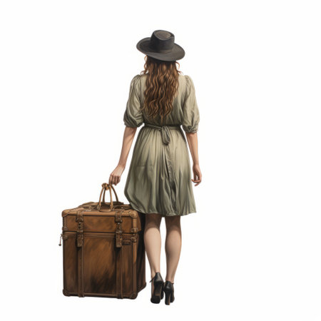 a woman in a dress holds a suitcase in this realistic portrait by emerico imre toth. the photo showcases the artist's skill in using photo-realistic techniques, with a color palette dominated by green and brown. the adventure-themed image features an isolated figure, adding to the overall sense of realism in the rendering. ai generatedの素材