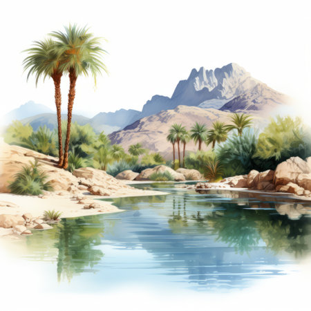 a photo of a stunning valley of palm trees, captured in a realistic landscape style. the image showcases soft edges and translucent water, while incorporating detailed illustrations. vintage imagery and phoenician art elements are seamlessly blended, resulting in a captivating composition. the use of watercolor illustrations adds depth and charm, enhanced by reflections and mirroring effects. ai generatedの素材