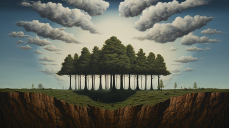 two trees, situated in separate locations, are the focal point of this art piece. inspired by the styles of brian despain and terry oakes, the artwork showcases multidimensional landscapes and naturalistic depth. the artist skillfully creates a dimensional illusion, capturing the essence of both trees in a captivating composition. ai generatedの素材