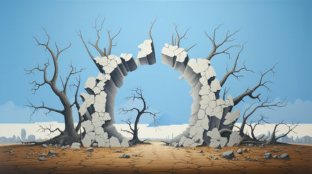 an archway stands in the desert, framed by trees, in a style that mimics distorted, fractured depictions. the illustration captures psychological phenomena and ruined materials, with a color palette of light gray and sky-blue. the optical illusion painting raises awareness about the environment, showcasing cracked elements. ai generatedの素材