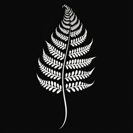 a white and black fern leaf, digitally enhanced in simplistic vector art style, stands out against a black background. this naturalistic depiction of flora and fauna combines elements of british topographical art, maori art, and poignant symbolism. the distinctive character design adds to the overall aesthetic appeal of the image. ai generatedの素材