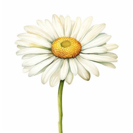 a black and white daisy flower is beautifully captured on a white background, resembling realistic watercolor artwork by jacek malczewski. the charming character illustrations by timothy easton feature light yellow and light maroon tones. additionally, the collection includes hyper-realistic animal illustrations in white and green hues. ai generatedの素材
