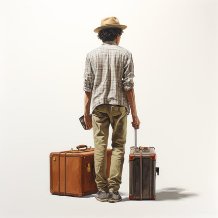 a young man, dressed in blue pants and a hat, is depicted carrying red suitcases in this hyperrealistic still life painting. the artwork, inspired by the style of shinji aramaki, peter gric, and peter sculthorpe, was commissioned and features a sepia tone, reminiscent of realistic figurative paintings. ai generatedの素材