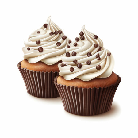two cupcakes, in the style of realistic portrayal of light and shadow, are showcased on a white background. the cupcakes feature a dotted pattern in dark white and dark brown, with detailed background elements adding a wavy effect. this captivating image is created by the talented artist mark brooks. ai generatedの素材