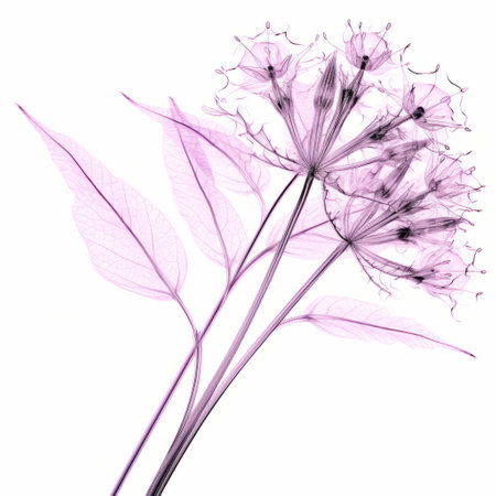 a purple lavender flower with delicate curves and fine lines is captured in the style of nick veasey. set against a white background, the translucent colors of the flower's petals create a beautiful contrast. inspired by charles demuth, the dark pink and light black hues add depth to the image. this fractalpunk-inspired photograph showcases the delicate beauty of lavender flowers. ai generatedの素材