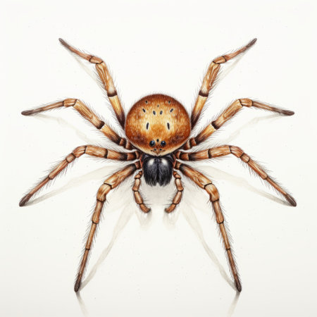 a brown spider with brown legs is depicted in this realistic fantasy artwork by edward poynter. the spider is drawn on a white background, showcasing the artist's skill in capturing intricate details. the usage of light and color adds depth to the illustration, reminiscent of john wilhelm's style. the simple yet colorful design is symmetrical, creating a visually appealing composition. this artwork transports viewers intoの素材
