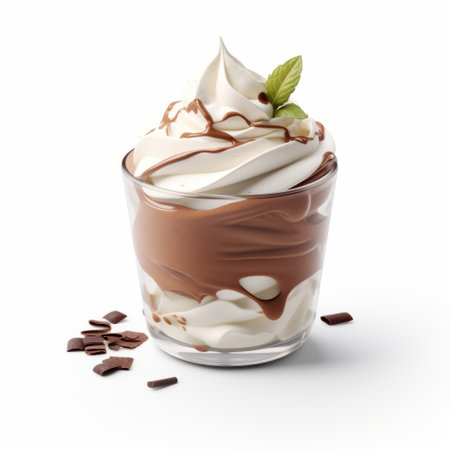 a realistic hyper-detailed rendering of a vanilla custard dessert with a chocolate and mint base. the dessert is beautifully presented in a tumblewave style, featuring a dark brown and white color palette. inspired by the works of pontormo, the image showcases high-key lighting, creating a visually stunning effect. shot on 70mm, the transparency of the dessert is captured with precision. ai generatedの素材