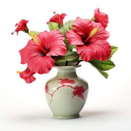 orange flowers in a vase on a white floor, showcasing the heian period style. created using zbrush, the artwork features a combination of dark pink and green hues. inspired by the art of tonga and the shang dynasty, the piece follows a monochromatic color scheme and is crafted from porcelain. ai generatedの素材