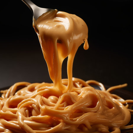 a spoon filled with cream sauce is being drizzled in a hyperrealistic and photorealistic style. the sauce forms tangled nests, showcasing a combination of dark orange and beige hues. this close-up shot, reminiscent of japanese photography, captures the shiny texture of the sauce. the image may also evoke the process of caffenol developing. ai generatedの素材