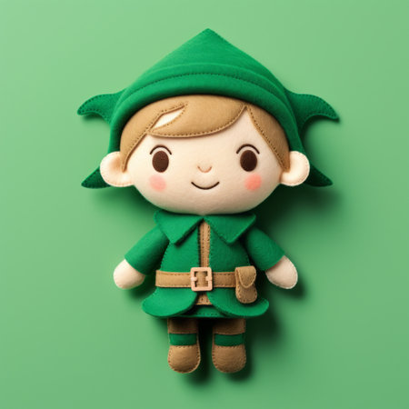 the wooden elf stuffed doll is a charming character illustration by yanjun cheng. in a vibrant shade of green, this isometric style doll stands out with its unique shape and sabattier filter effect. created by the talented artist, this contest-winning piece showcases the influence of range murata's art on a shaped canvas. ai generatedの素材