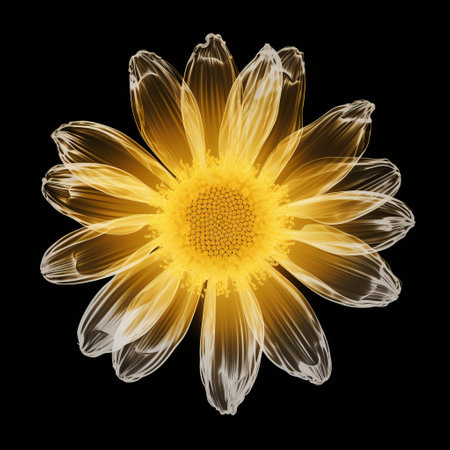 a black flower with a yellow center is depicted in this ultra-high-definition image. the realistic hyper-detailed rendering showcases the transparent and translucent medium, highlighting the intricate details of the flower. the light orange and white hues add a touch of vibrancy to the photograph, while the use of glass as a material enhances the overall visual appeal. ai generatedの素材