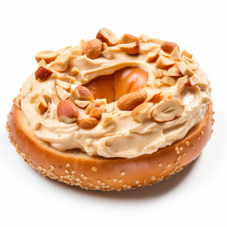vegan peanut butter bagel with almonds inside, presented in an absurdist installation style. the photo showcases a light orange and white color palette, exuding an unpolished authenticity. with a touch of zaniness, this matte photo captures the essence of the dish, while merging keywords like intel core and 5001000 ce. ai generatedの素材
