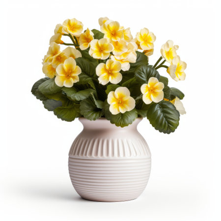 yellow viola in a brown glazed ceramic vase, featuring a white, pixel perfect, striped arrangement. the light yellow and light pink colors of the viola create a beautiful contrast against the vase. this high-resolution uhd image captures the detailed foliage of the viola, making it a stunning photograph by the associated press. ai generatedの素材