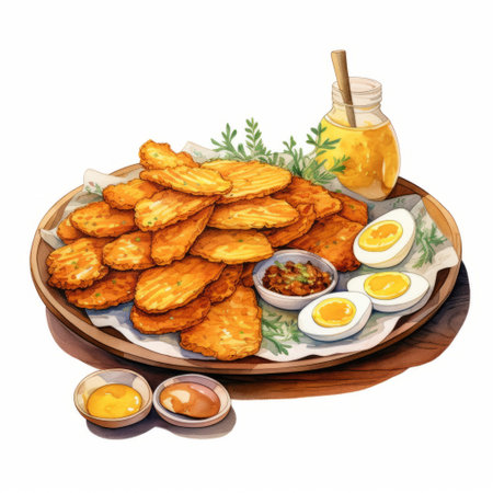 a plate of crispy eggs and chips, depicted in a delightful watercolor clipart image. the hyper-realistic details capture the golden batter and tender eggs, while whimsical touches add a sense of freshness. with a white background and white margins, this hand-drawn illustration showcases the comforting and satisfying nature of this classic fast food dish. ai generatedの素材