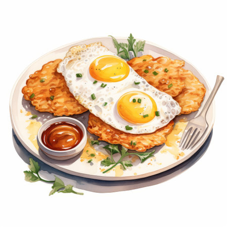 a plate of crispy eggs and chips, depicted in a delightful watercolor clipart image. the hyper-realistic details of the golden batter and tender eggs are captured in this hand-drawn artwork. with a white background and margins, the image showcases the comforting and satisfying nature of this classic fast food dish. ai generatedの素材