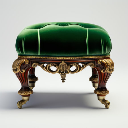 an ornate gold and green stool with a velvet upholstered seat, captured in a high-quality photo. this victorian-era piece showcases grandiose color schemes and intricate detailing. the polished finish and use of traditional techniques, such as zbrush, result in a realistic and detailed rendering. ai generatedの素材