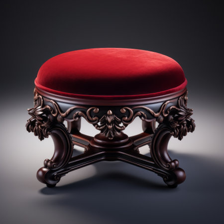 red upholstered stool model in the bottom red area of the image. dark and intricate, with an exotic realism style. 32k uhd resolution showcases the details. influenced by chinapunk and victorian aesthetics, it features contrasting shadows and rounded design elements. ai generatedの素材