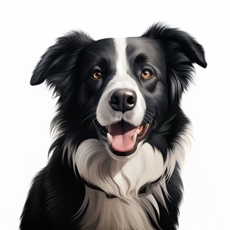 a black and white border collie is featured in this stock vector illustration. the dog is depicted on a white background, with realistic details and dramatic lighting. the illustration showcases colorful caricature and ultra hd quality. it is reminiscent of realistic hyper-detailed portraits and 2d game art. the image captures the elegant and emotive faces of border collies. ai generatedの素材