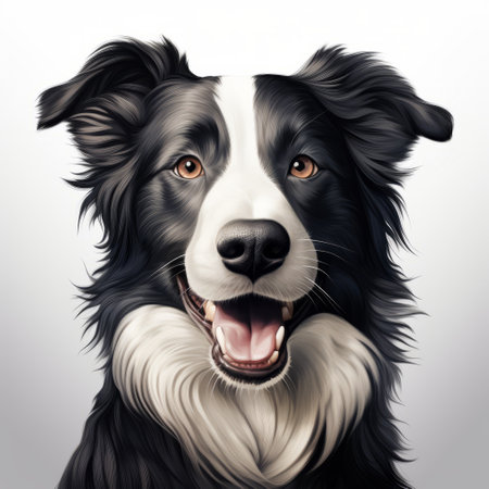 the black and white border collie's face, captured in a hyper-realistic style reminiscent of 2d game art, showcases its teeth. this uhd image highlights the charming character of the collie through concise brushwork techniques. the colorful realism and 20 megapixels resolution make this illustration a captivating portrayal of the breed. ai generatedの素材