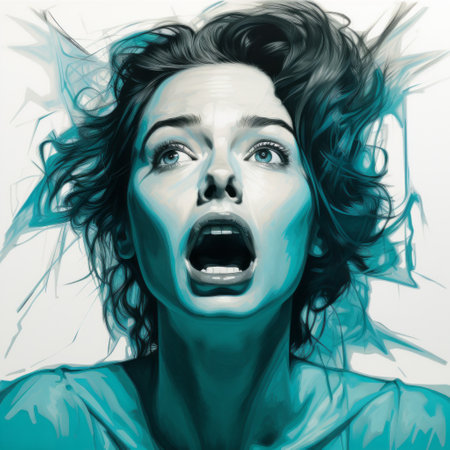 a full view of a turquoise and turquoise pop art surprise portrait. the technology used in this realistic vintage illustration showcases very fine lines and dark subtle gradations. the highly contrasted image features an empty white background, resembling a png. capturing the texture and details in vivid clarity, this high-quality image exudes a sense of drama. ai generatedの素材