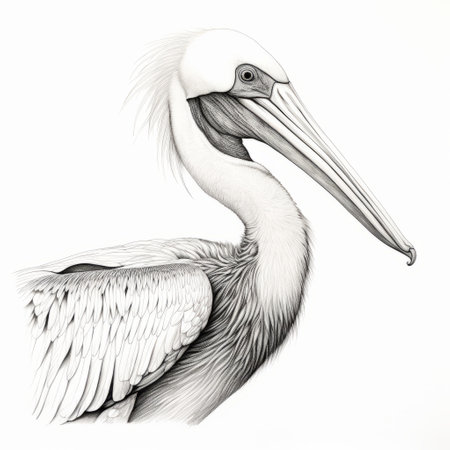 a black and white drawing of a pelican by maurice lama, showcasing a detailed character design. the style of the image is reminiscent of uhd quality, with gray and blue tones. the drawing exhibits hyper-realistic animal illustrations, reflecting the artistic influence of the ivory coast. it is a remarkable piece of editorial illustration, featuring flat shading techniques. ai generatedの素材