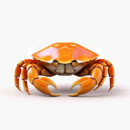 a realistic and hyper-detailed rendering of a crab on a white background. this vray-traced image showcases vibrant colors, with the crab's body in light yellow and light orange hues. the kimoicore design adds sharp, vivid colors to the character, resulting in a highly detailed and visually striking image. ai generatedの素材