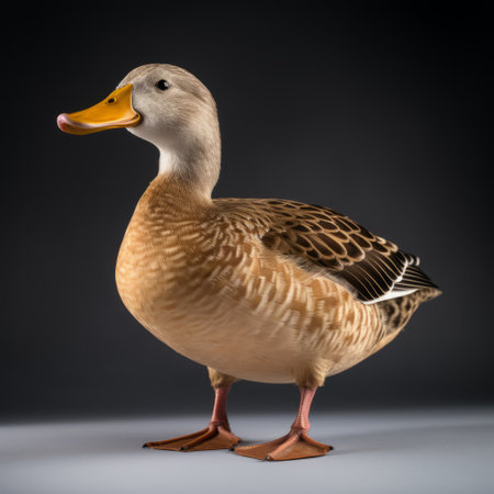 a headless and beakless duck is captured in this national geographic-style photo. against a grey background, the image exudes a sense of balanced proportions and unpolished authenticity. the duck's light brown and light bronze colors add to its unique and intriguing appearance. ai generatedの素材