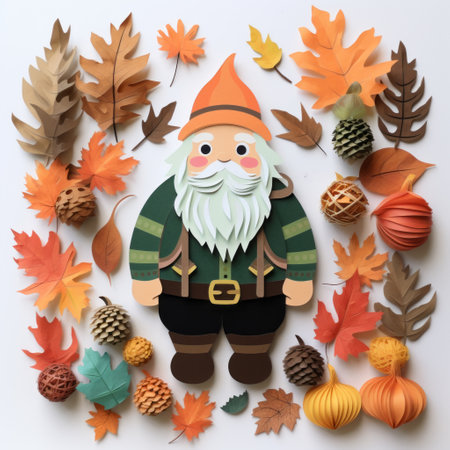 paper cutout gnomes, inspired by detailed character illustrations, are showcased amidst a vibrant array of fall leaves. the deconstructed objects, resembling adorable toy sculptures, evoke the artistic style of pieter claesz. the orange and azure hues beautifully combine natural and man-made elements, resulting in captivating flat illustrations. ai generatedの素材