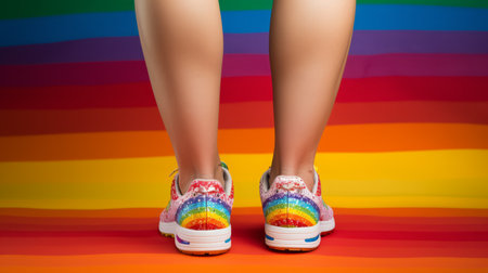 a person's legs stand on a vibrant, colorful background, adorned with eye-catching shoes featuring a rainbow pattern. this visually striking image, reminiscent of the style of polixeni papapetrou, showcases highly detailed and glittery elements. the installation-based composition adds an element of intrigue, while the blink-and-you-miss-it detail captivates the viewer. with the added touch of "rtx on" and hyper-detailed elements, this photo is a true feastの素材