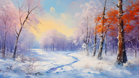 an oil painting of a winter landscape, featuring a richly detailed background in light violet and orange hues. this digital painting showcases a colorful cartoon-like style with concise brushwork techniques. the artwork measures 3840x2160 pixels, capturing the beauty of the winter season in a unique and captivating way. ai generatedの素材
