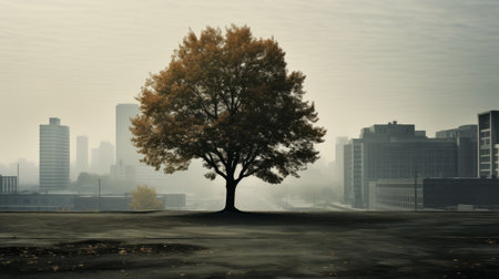 elm tree in smog-filled city: a hauntingly beautiful image of an elm tree surrounded by a polluted cityscape. the tree's brown, falling leaves create a creepy atmosphere, while smoking vents from industrial factories add to the smog-filled backdrop. inspired by michael kenna's style, with a touch of jan saudek's whimsical storytelling, this black-and-white photograph captures a timeless wonder. shot in 8k resolution, with a fixedの素材
