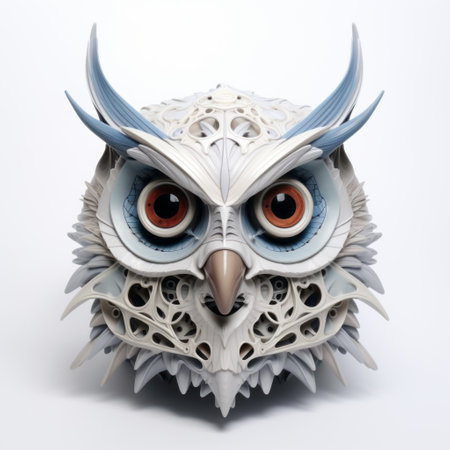 a 3-dimensional owl with red eyes, showcasing intricate and bizarre illustrations. this industrial design piece incorporates focus stacking techniques, resulting in a captivating artwork. the color palette of dark white and light blue enhances the layered surfaces, creating a visually stunning sculpture. created by the talented artist jarosaw janikowski. ai generatedの素材
