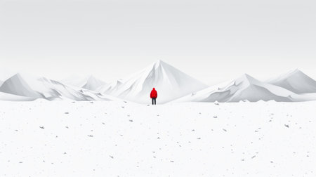 a red figure stands in the snow on a white background, resembling an epic landscape in the superflat style. the realistic landscape features soft, tonal colors, while the minimalistic portrait showcases a horizon in an isometric perspective. the overall effect is reminiscent of a matte painting. ai generatedの素材
