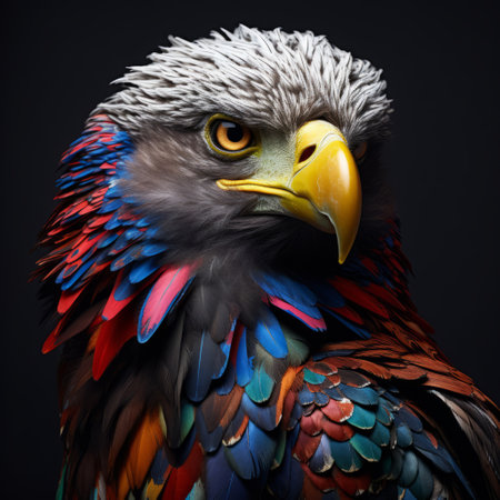 a vibrant and captivating stock image featuring colorful raptor wallpapers in the style of peter coulson. this photo, taken with a nikon d750, showcases the photo-realistic techniques used to create contemporary animal sculptures. the layers of paint bring out the intense gaze of the subject, beautifully captured by rafa olbiski. ai generatedの素材
