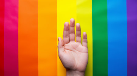 a person's hand is seen in front of a vibrant rainbow background, featuring striped compositions in light gray and yellow. this photo captures a political commentary with an extremely gendered theme. the bold color-blocking adds to the visual impact, while the shot on 70mm film showcases a realistic attention to detail. ai generatedの素材