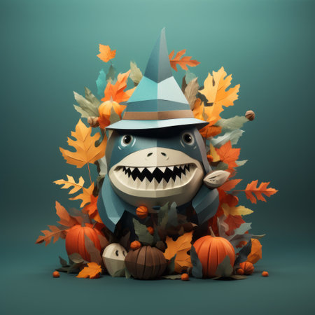 a 3d illustration featuring a shark sitting on a lawn, surrounded by leaves. the artwork is inspired by elaborate costumes and playful character design, reminiscent of artists like dan matutina and nathan wirth. the shark is depicted in a sharp and prickly style, with flat illustrations, creating a unique and eye-catching halloween-themed image. ai generatedの素材