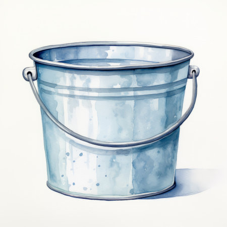 a watercolor illustration of a blue bucket, showcasing a realistic portrayal of light and shadow. the style is reminiscent of light gray and silver tones, adding accuracy and detail to the artwork. with a touch of subtle humor, this aluminum bucket illustration captures attention and adds a unique charm to any project or collection. ai generatedの素材