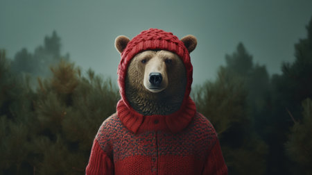 a bear wearing a red sweater stands in the woods, creating a captivating bear wallpaper. this hyper-realistic animal illustration, inspired by the style of sacha goldberger, captures the cold and detached atmosphere of the scene. the city portraits by anton fadeev serve as an inspiration for this illustration, which was beautifully captured using a konica auto s3 camera. ai generatedの素材