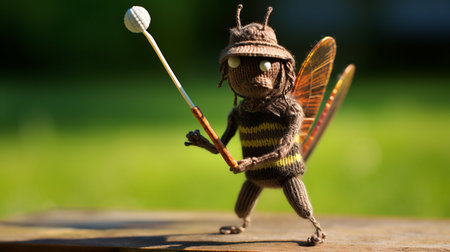 a bee, in the style of knitted and crocheted fairy tale illustrations, holds a golf club. this miniature sculpture showcases intricate details with dark brown and yellow colors. the uhd image, shot on 70mm, captures the craftsmanship of the vancouver school. ai generatedの素材