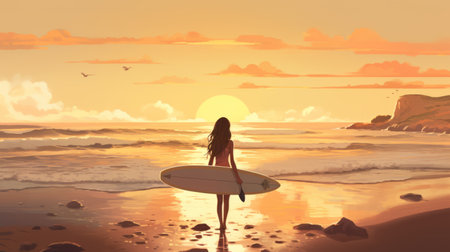 a stunning ultra hd wallpaper featuring a realistic brushwork style sunrise image. the artwork showcases a woman with a surfboard, influenced by anime, in a flat perspective. the romantic landscape is adorned with beautiful shades of brown and amber, creating a captivating and immersive transfer. ai generatedの素材