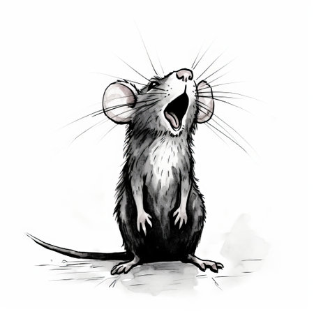 a detailed drawing of a singing rat in a noisy room, featuring expressive character expressions and an overexposure effect. the style is reminiscent of florian nicolle and glen keane, with clean and sharp inking. the image has been digitally enhanced, resulting in a joyful and optimistic atmosphere. ai generatedの素材